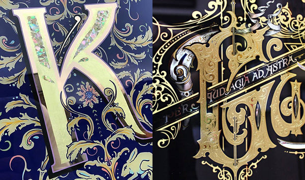 SHOWCASE OF GOLD LEAF LETTERING ON GLASS